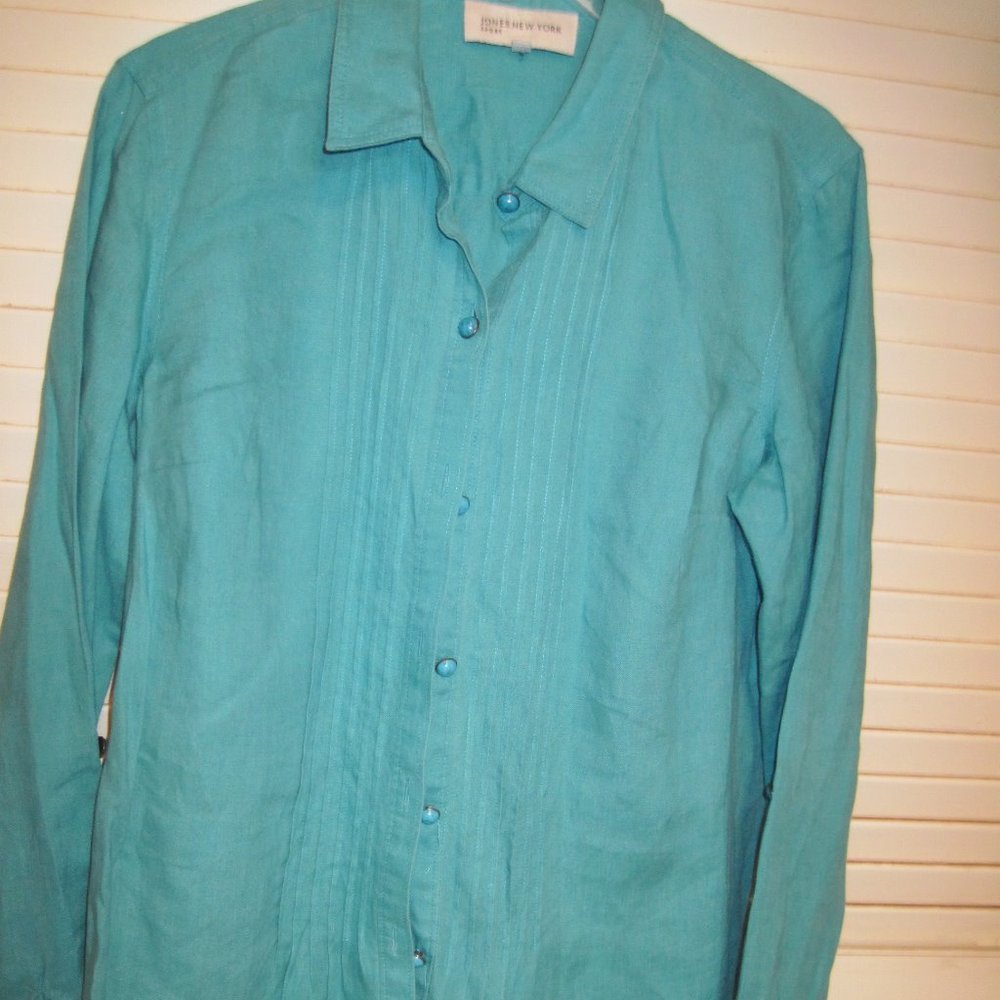 GREAT SHAPE   JONES NY TEAL LINEN LONG SLEEVE  SHIRT  SZ M